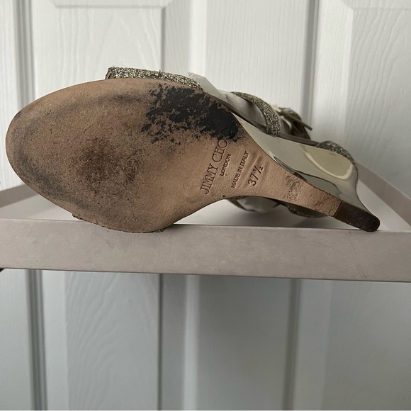 Jimmy Choo 247 Fearne Champagne/Gold Glitter Fabric Wedge Sandal; Size 37.5 - Picture 6 of 10